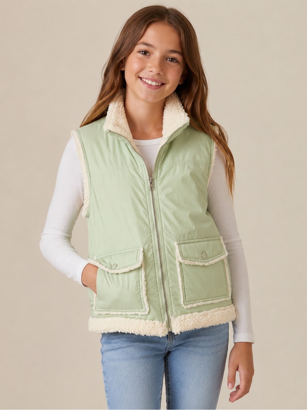 C&C California Light Green Sherpa-Lined Kids Vest